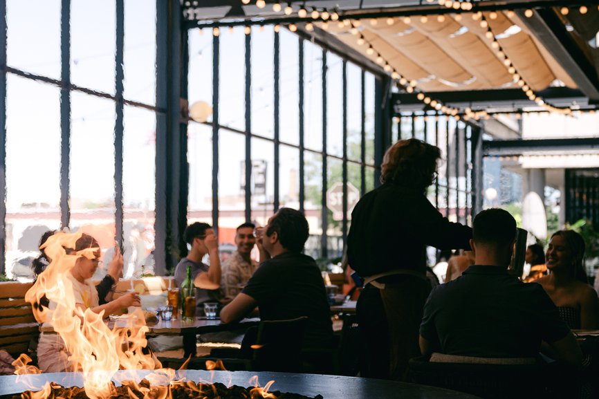 patio with fire place at fora chicago west loop