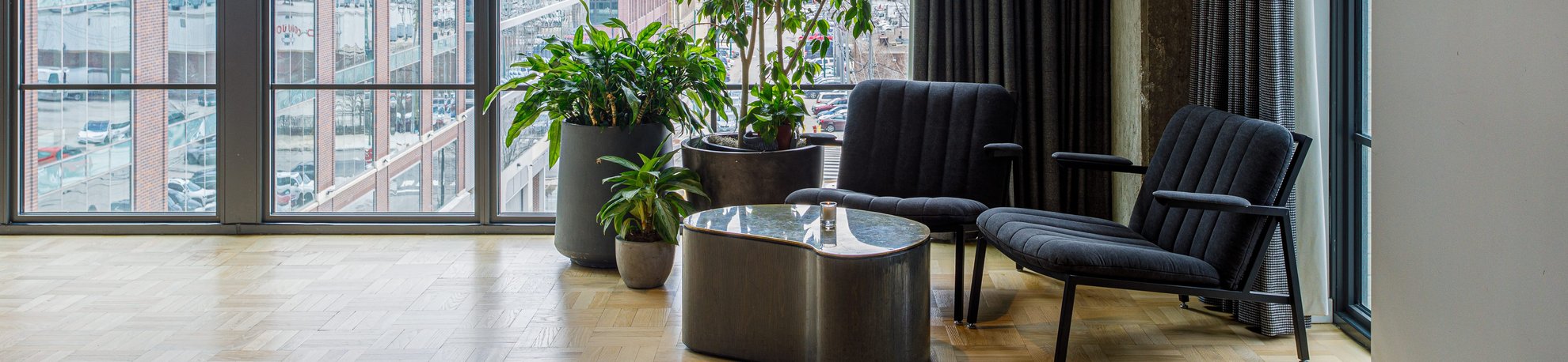 plants, chairs and a table decoration for event space at the emily hotel, chicago