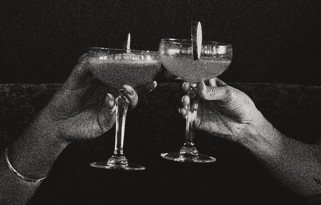 a black and white version photo of two cocktails at selva cocktail bar at the emily hotel chicago fulton market