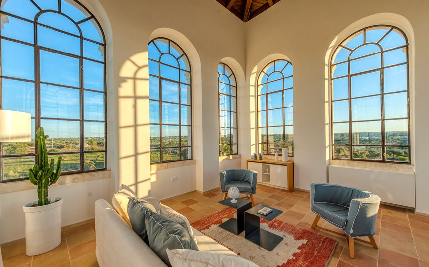 living area with views of the property from the Torre Bianca Suite