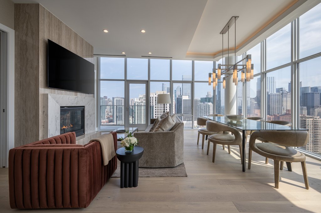 Luxury living room with city views of Chicago - Penthouse at Level Fulton Market