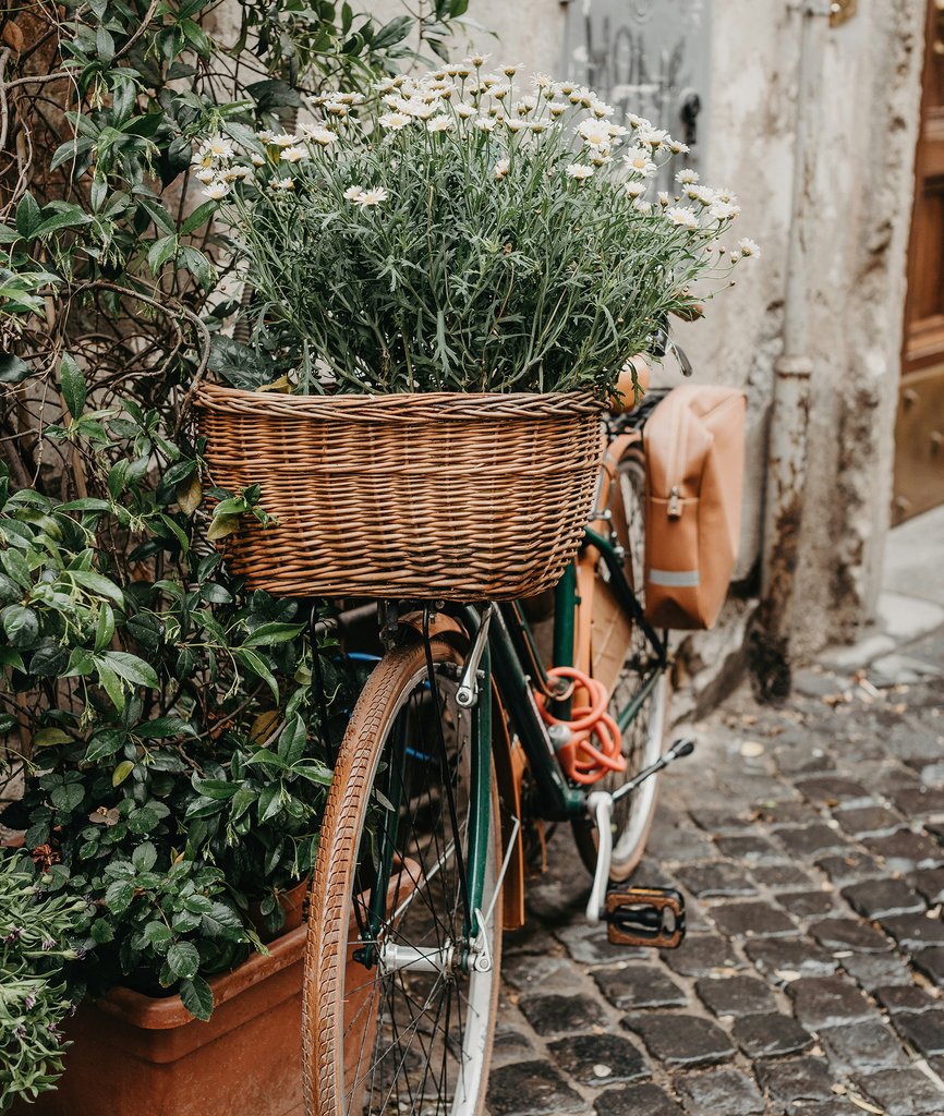 Bike with basket of flowers on Italian street