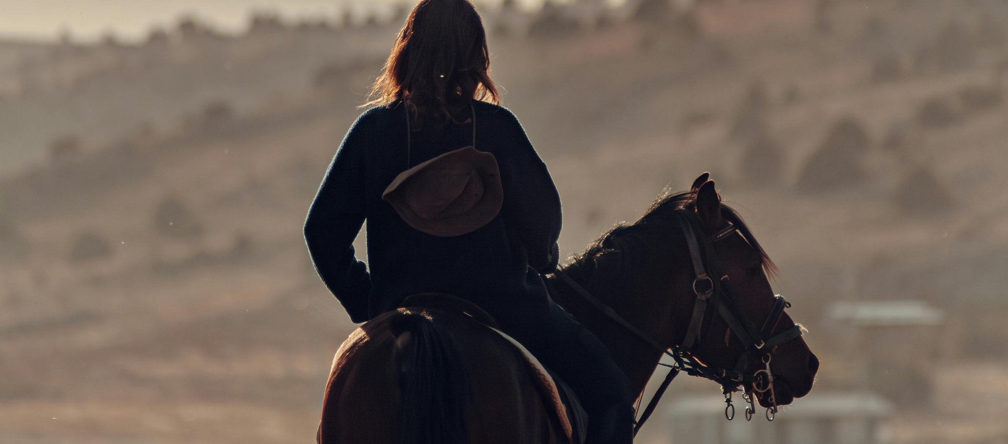 free-photo-of-back-of-a-woman-horseback-riding-at-dusk