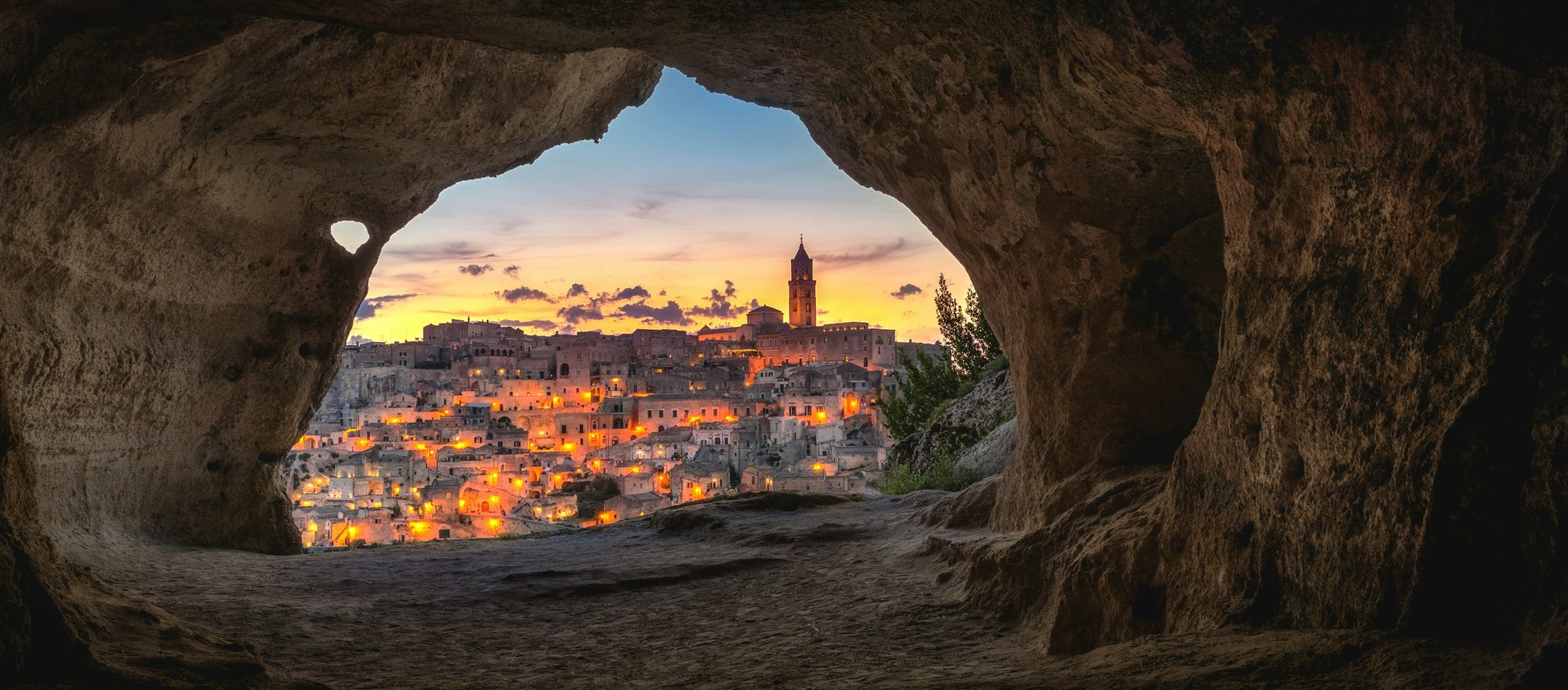 View of Matera Puglia from the inside of a grotto