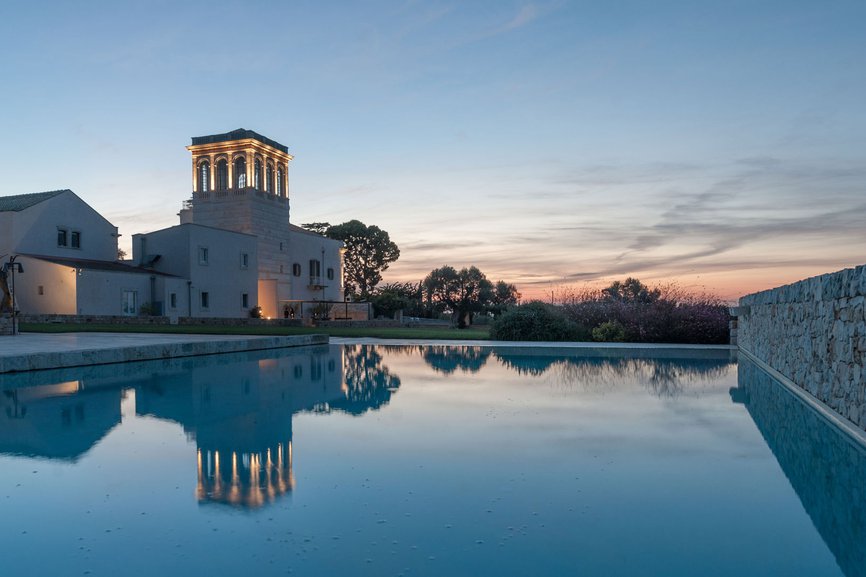 exterior shot of the villa during twilight