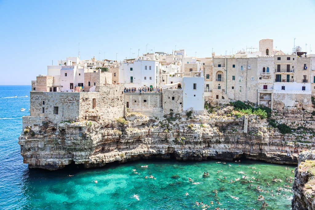 Cliffs and buildings of Polignano a Mare and Adriatic Sea